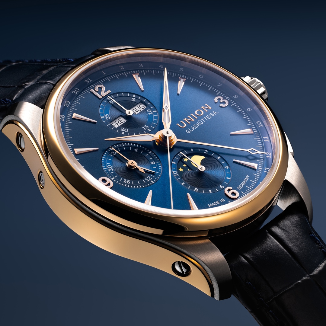 Union Glashütte Belisar Chronograph Mondphase Bicolor Blau 42mm