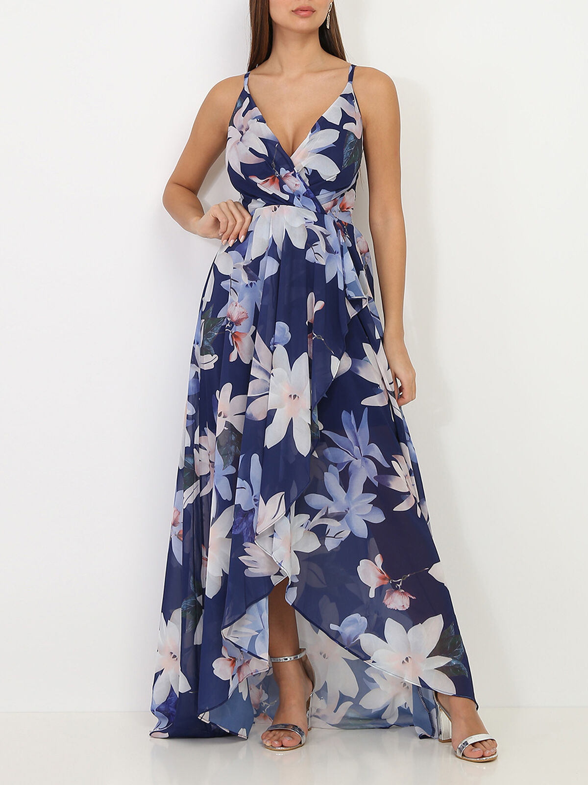 Robe longue fendue asymétrique à fleurs- Bleu marine