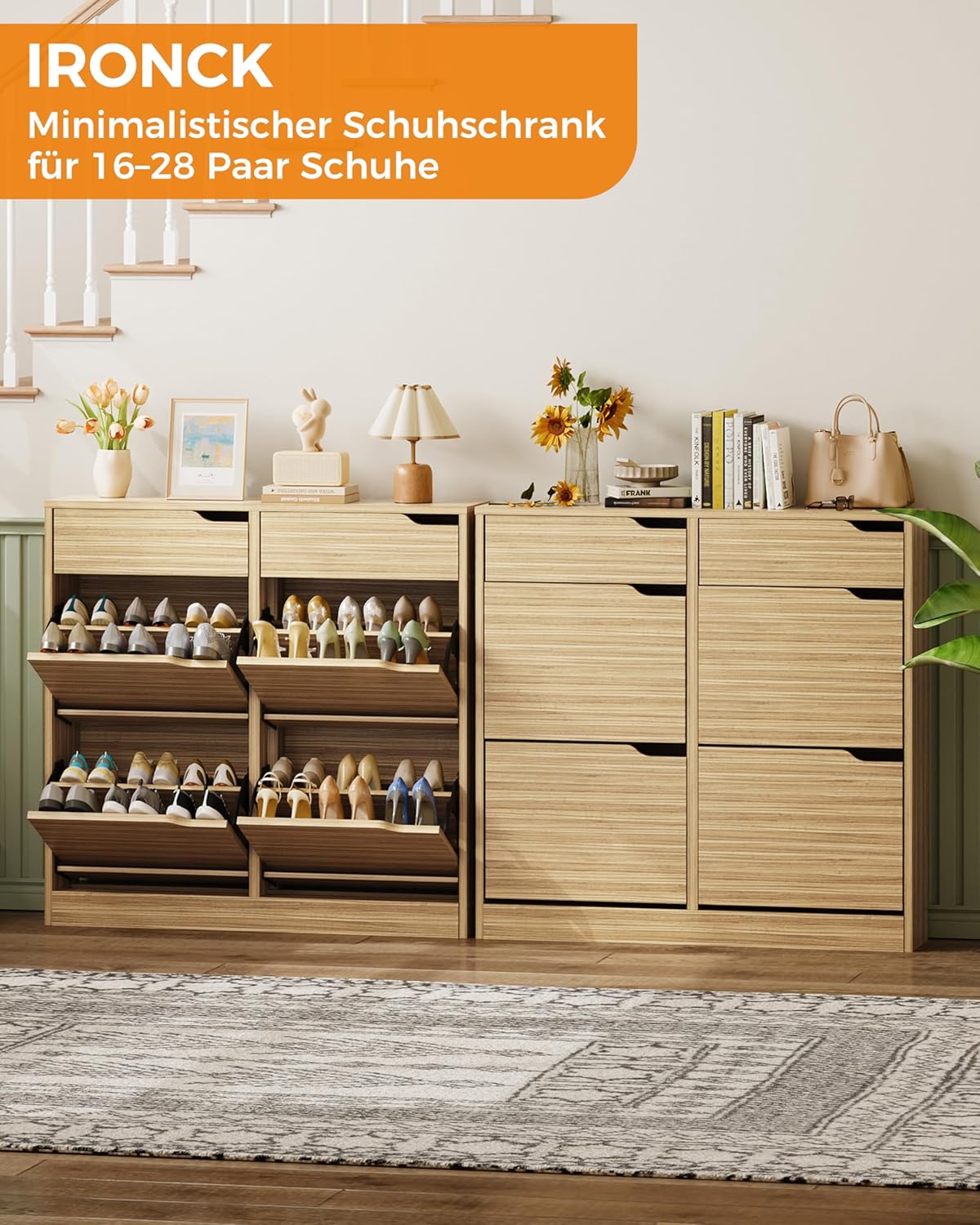 IRONCK Schuhschrank mit 4 Klappen, Schuhkipper Schmal mit 2 Schubladen, freistehendes Schuhregal, Schuhkommode mit verstellbaren Trennwände, Schuhablage Schrank für Flur Eingang und Wohnzimmer (Holz)