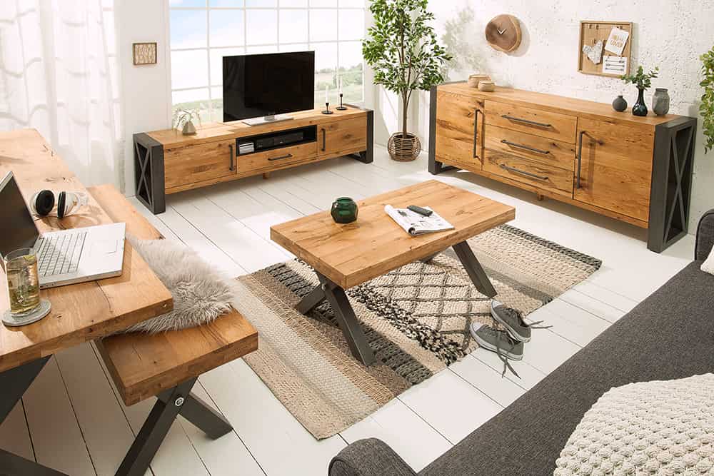Massivholz Esstisch THOR 200cm natur Wildeiche geölt graues X-Gestell Metall Industrial Design