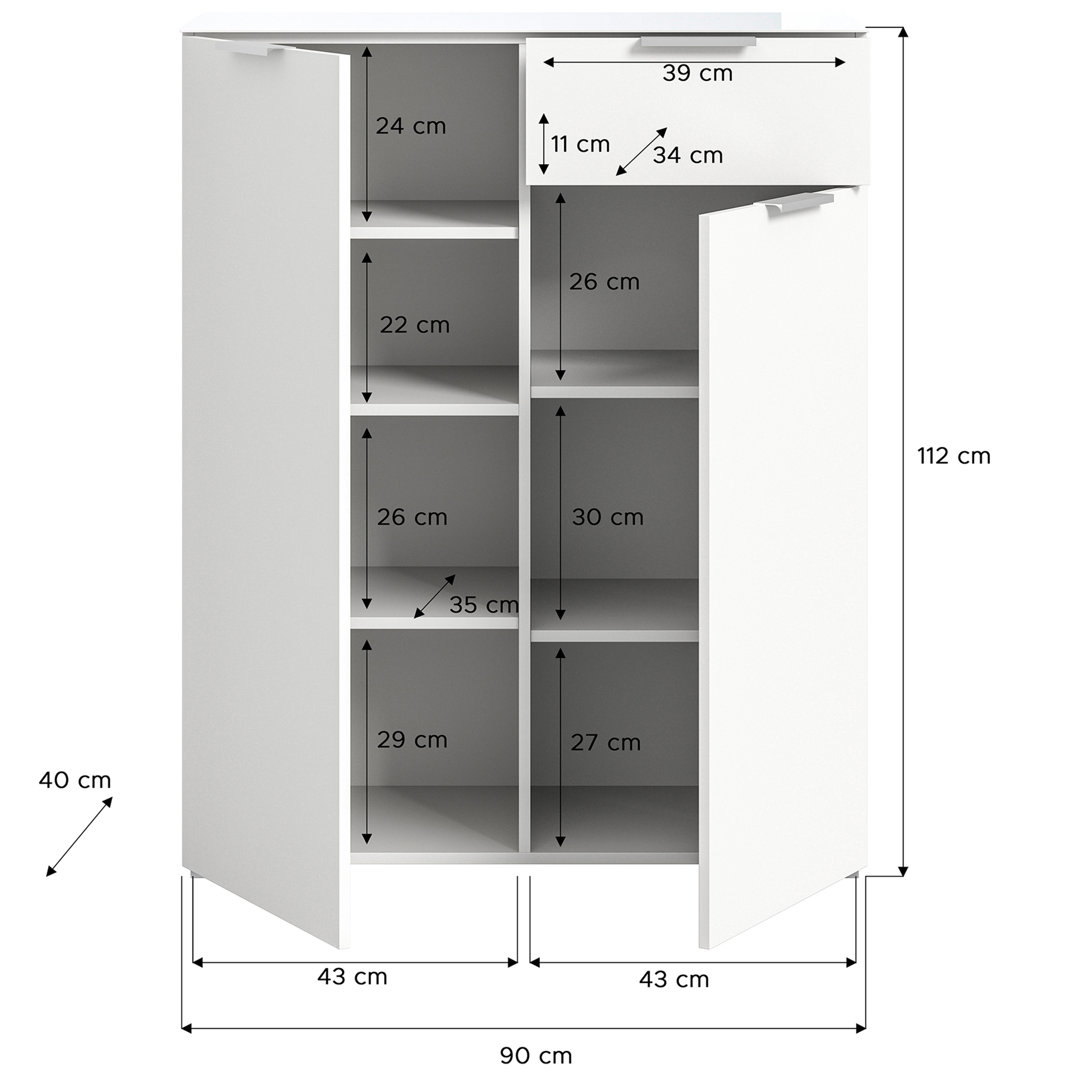 Kommode RAY - weiß - Glasplatte - 112 cm hoch