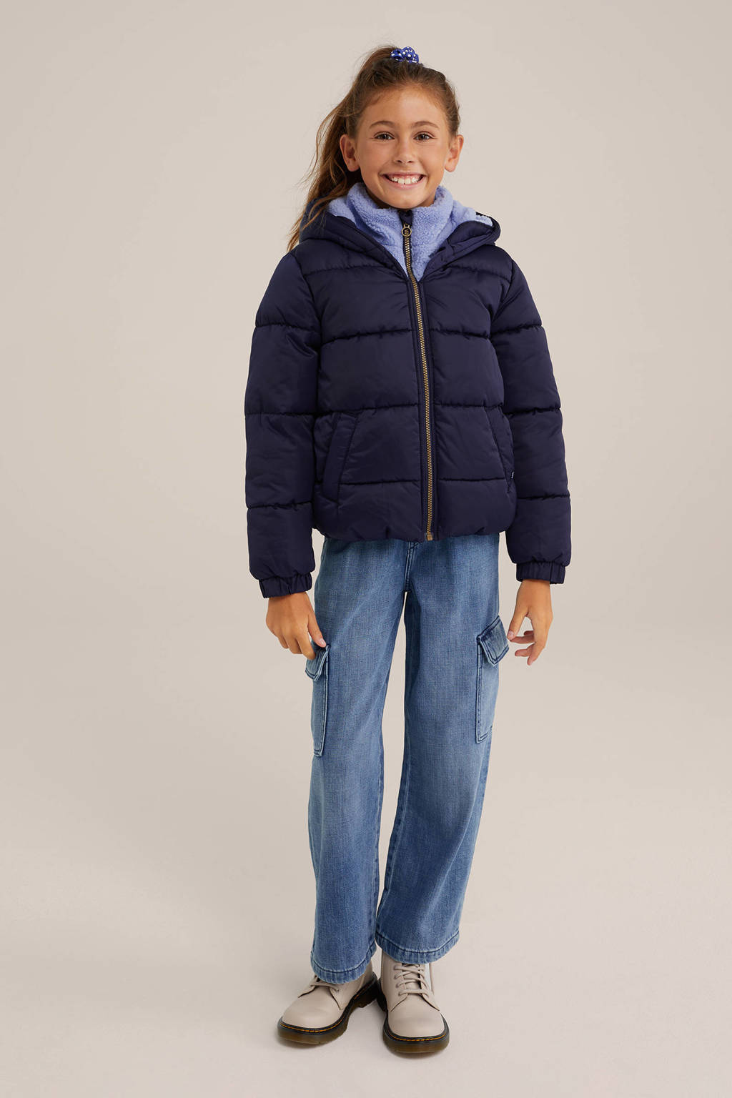 WE Fashion gewatteerde winterjas donkerblauw/lichtblauw