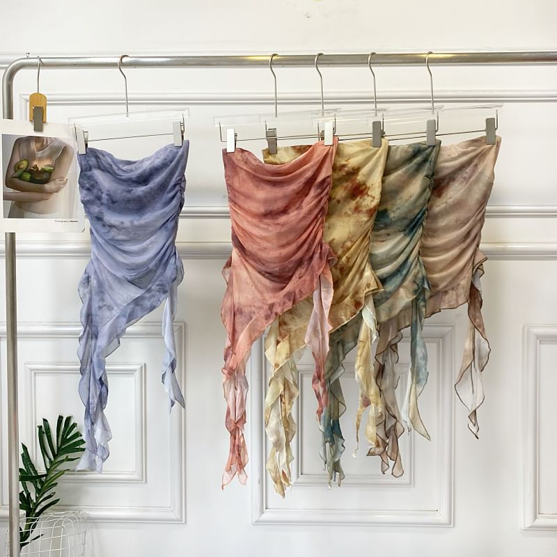 Iasia - Tie Dye geplooide asymmetrische mesh tubetop met ruches