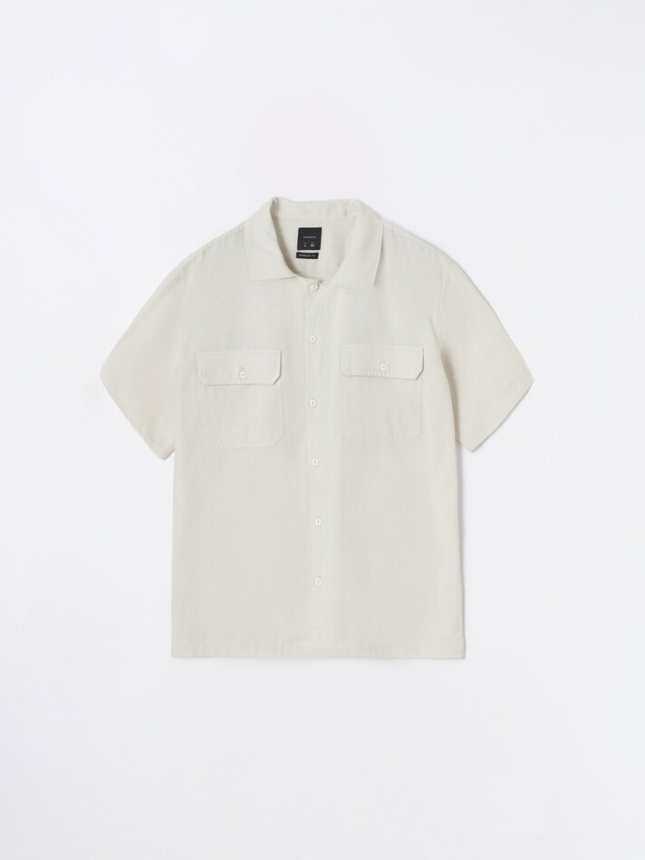 Camisa de algodão e linho com bolsos - Cor areia