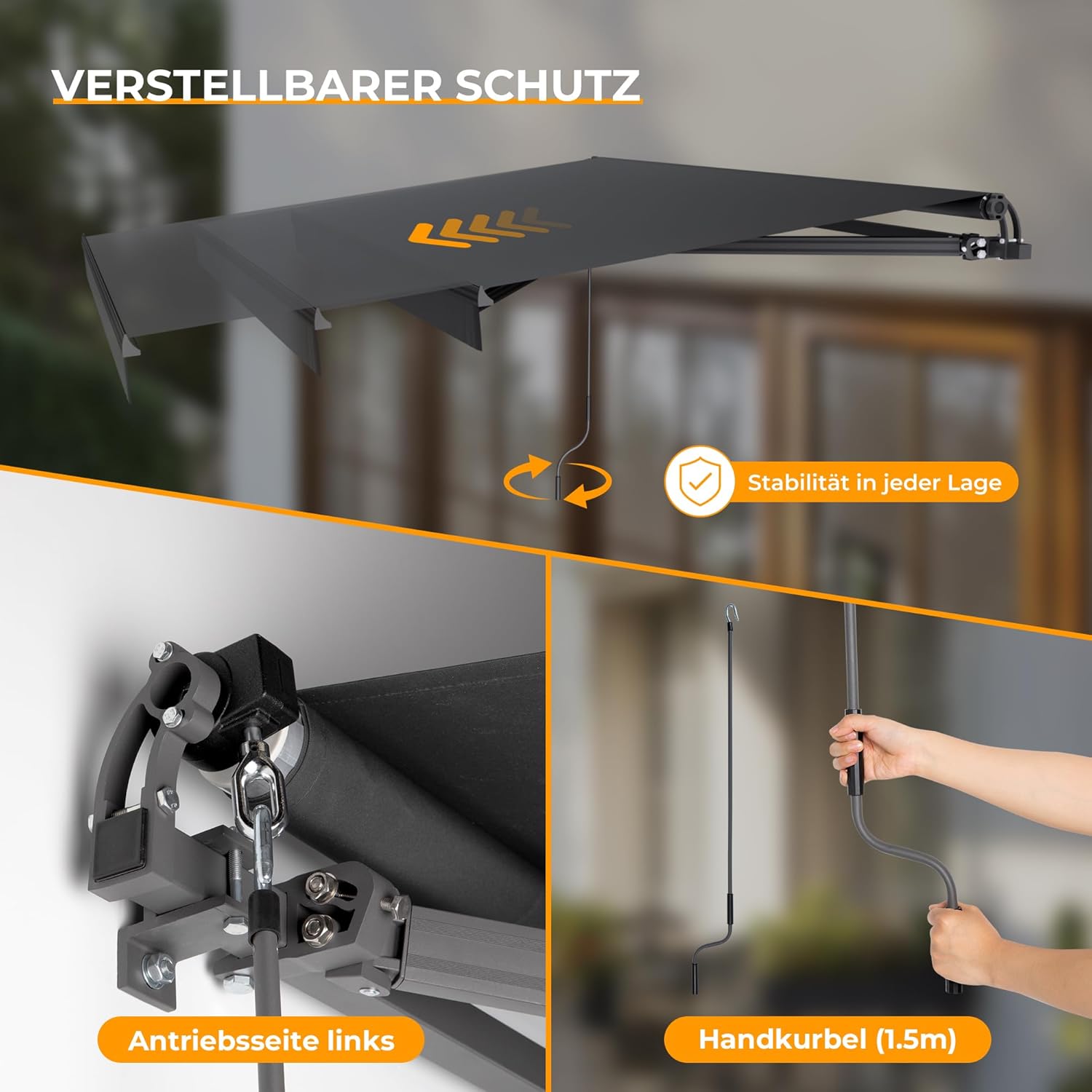 HOMEDEMO Gelenkarmmarkise Markise mit Handkurbel, 300x250cm, Anthrazit, Sonnenmarkise Terrassenmarkise Winkel Einstellung(5-60°), Balkon Markisen mit Wasserdichter Beschichtung inkl. Wandhalterung