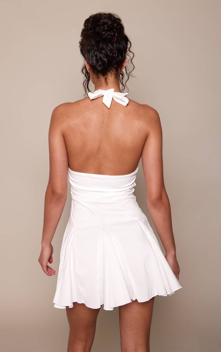 Blanc Robe Mini Droite À Godets Et Col Licou En Tissu Tissé