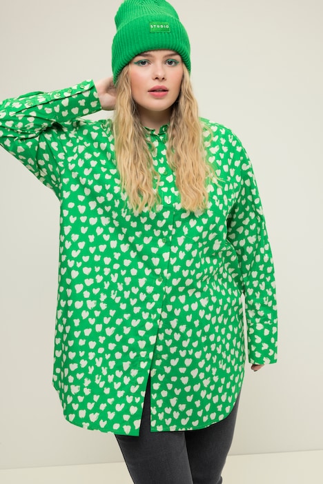 Hemdbluse, oversized, Heart-Print, Knopfleiste, Hemdkragen