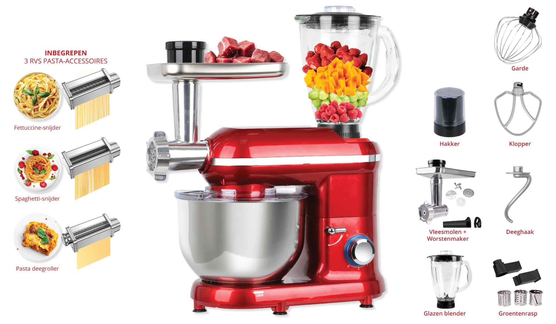Friac KM5140RD 10 in 1 keukenrobot 5.5L 1400W + pastaset