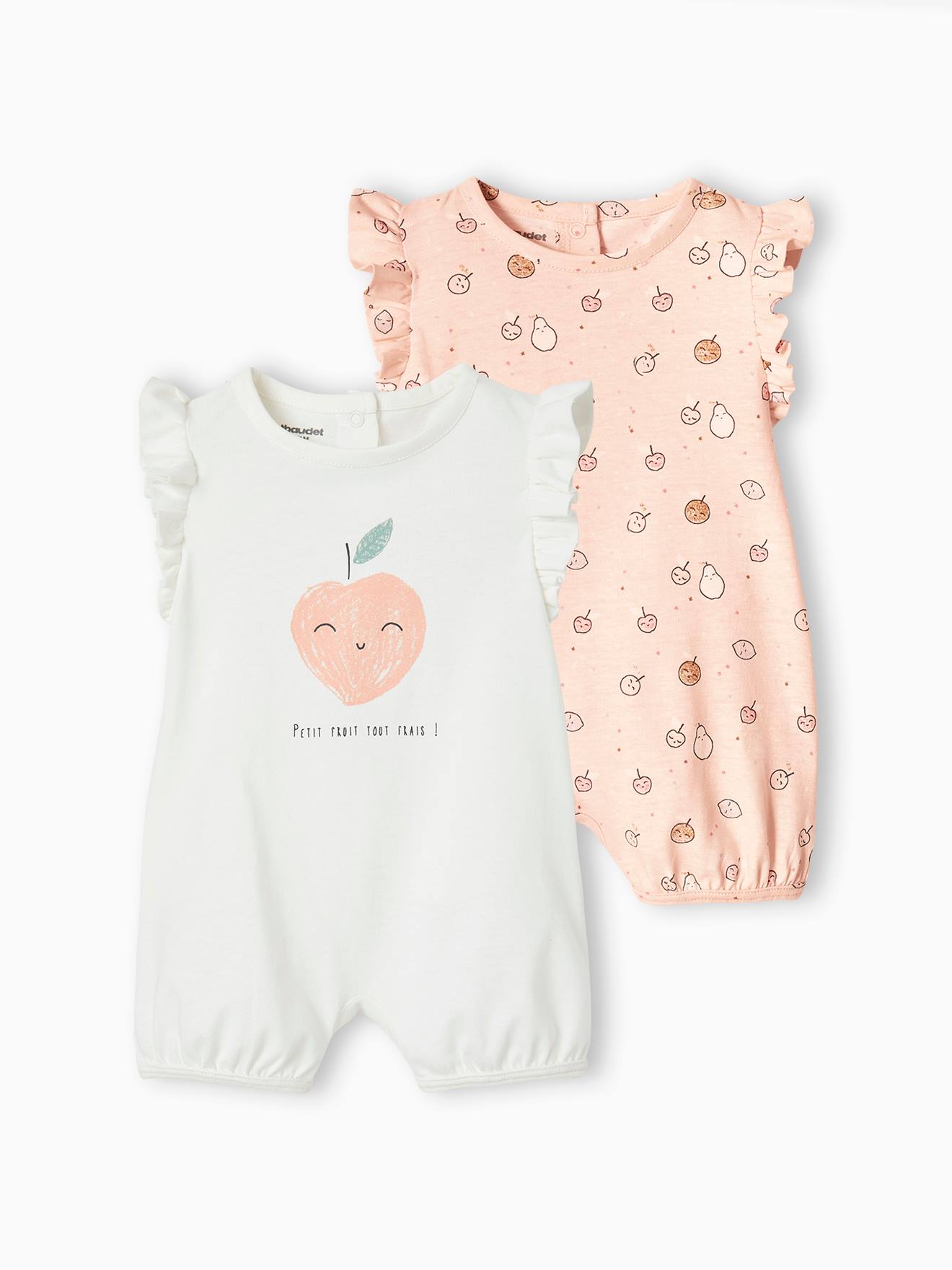Conjunto de 2 macacões curtos para bebê com estampa de frutas em rosa claro