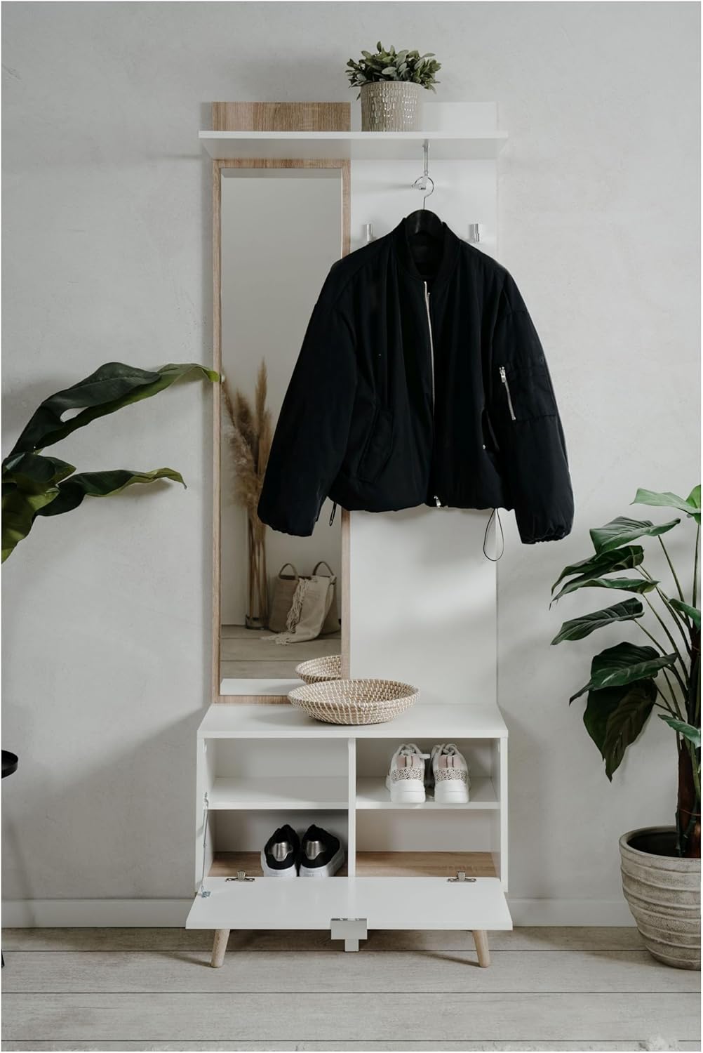 Göteborg 42A Kompaktgarderobe, mit Hutablage, Spiegel und Kleiderstange in weiß/Dekor Sonoma Eiche Maß: B x H x T ca. 70 x 200 x 32 cm