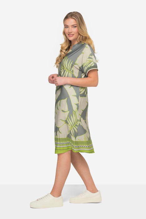 Jerseykleid, XL Blätter-Print, V-Ausschnitt, Halbarm