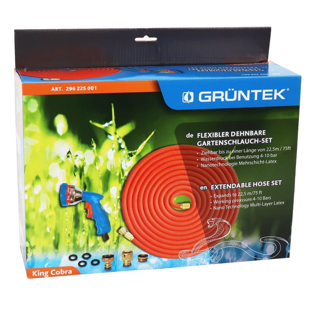 Kit de tuyau d'arrosage flexible 8 pièces king cobra 22,5 m