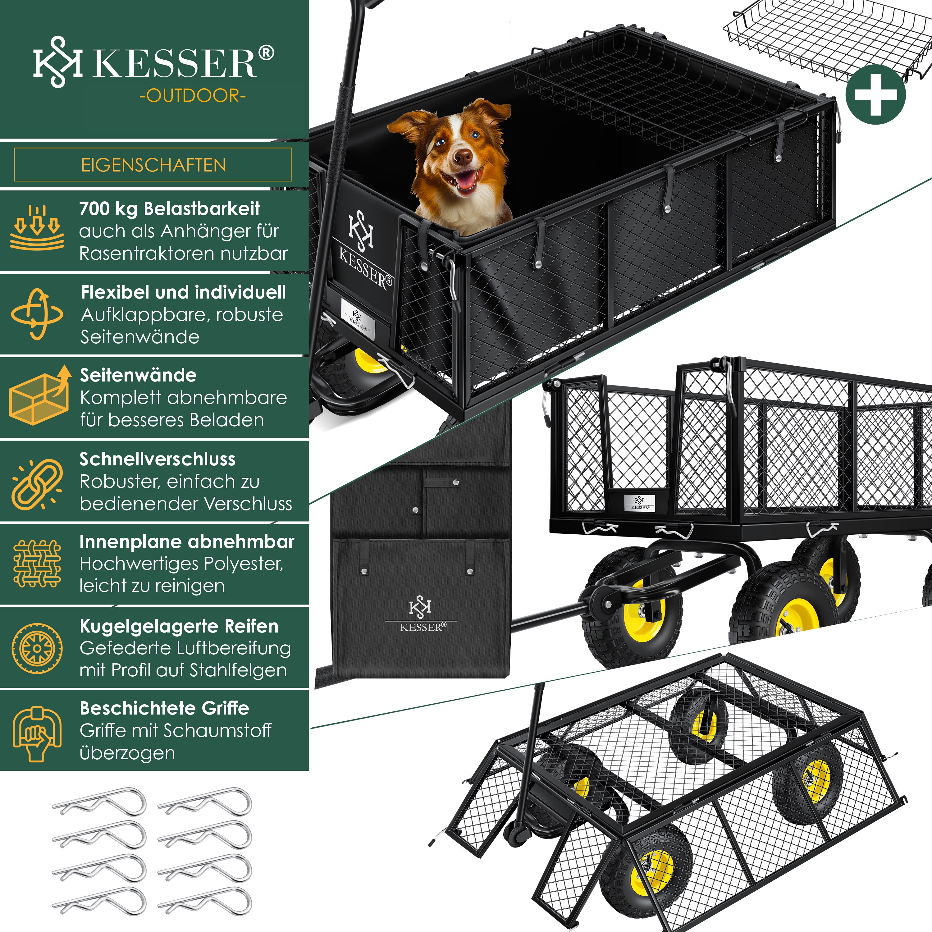 KESSER® Gartenwagen Bollerwagen Transportwagen 700kg belastbar Gartenkarre, inkl. herausnehmbare Plane, Luftreifen Gerätewagen Handwagen vielseitig einsetzbar inkl. Handschuhe + Ablage