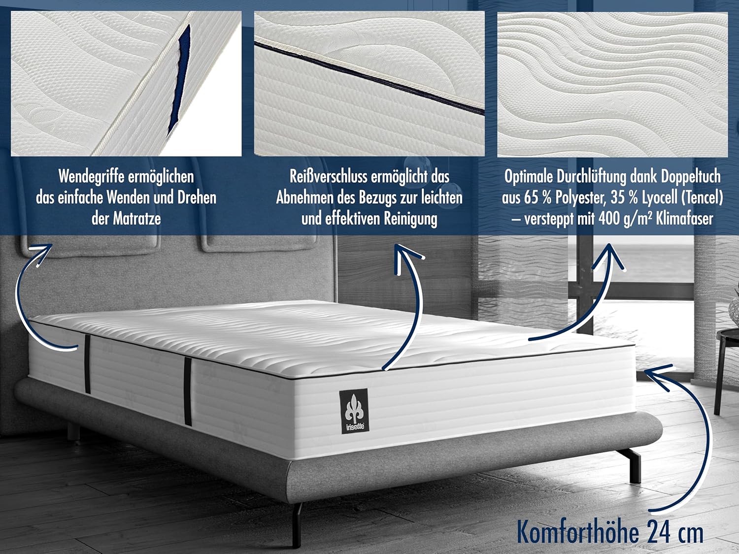 Irisette Rügen 1.000er Tonnentaschenfederkernmatratze, 24cm hoch, 7-Zonen Wendematratze, Härtegrad 4, 90x200cm, Öko-Tex zertifiziert, produziert nach deutschem Qualitätsstandard