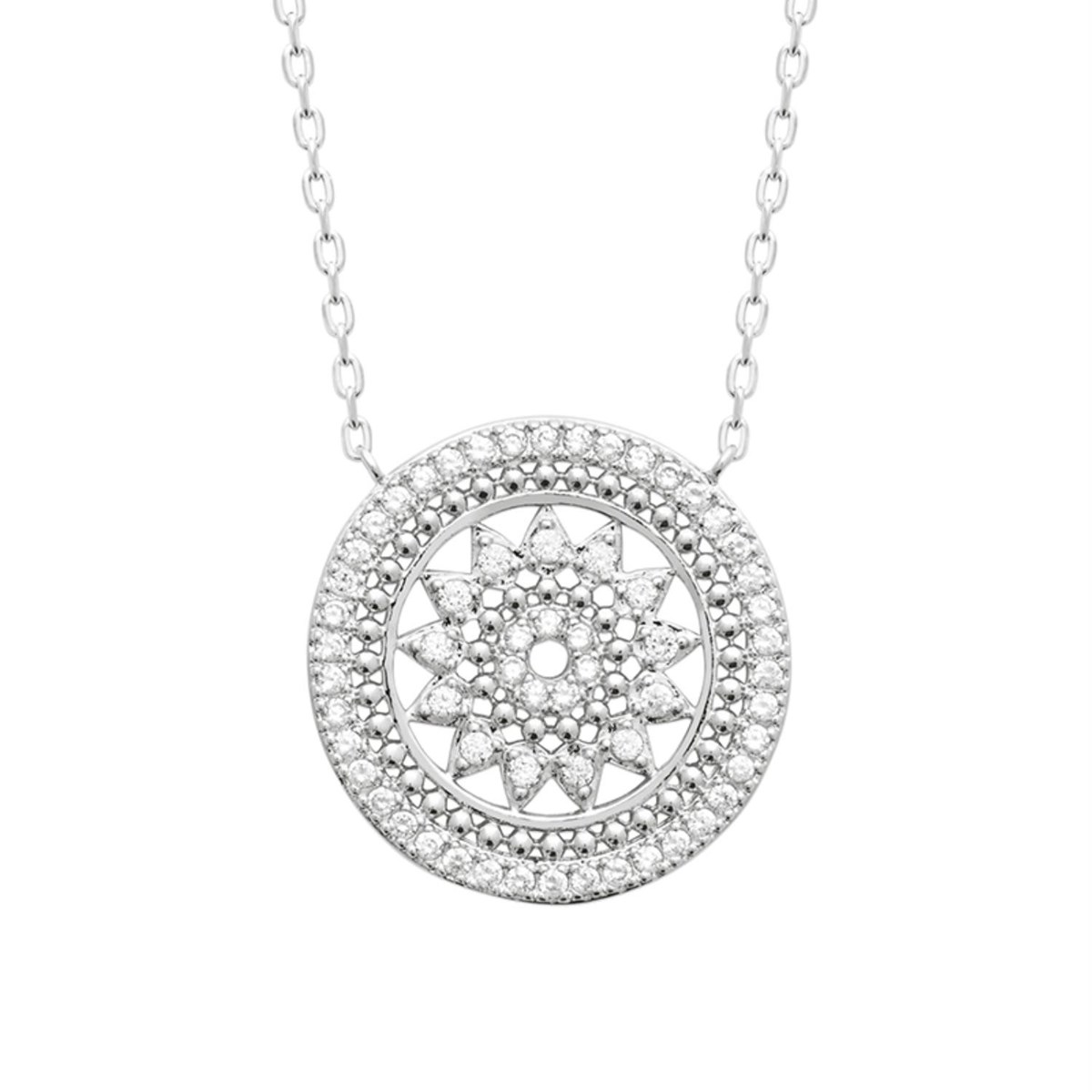Collier soleil dans un cercle serti d'oxydes de zirconium Argent 925 Rhodié