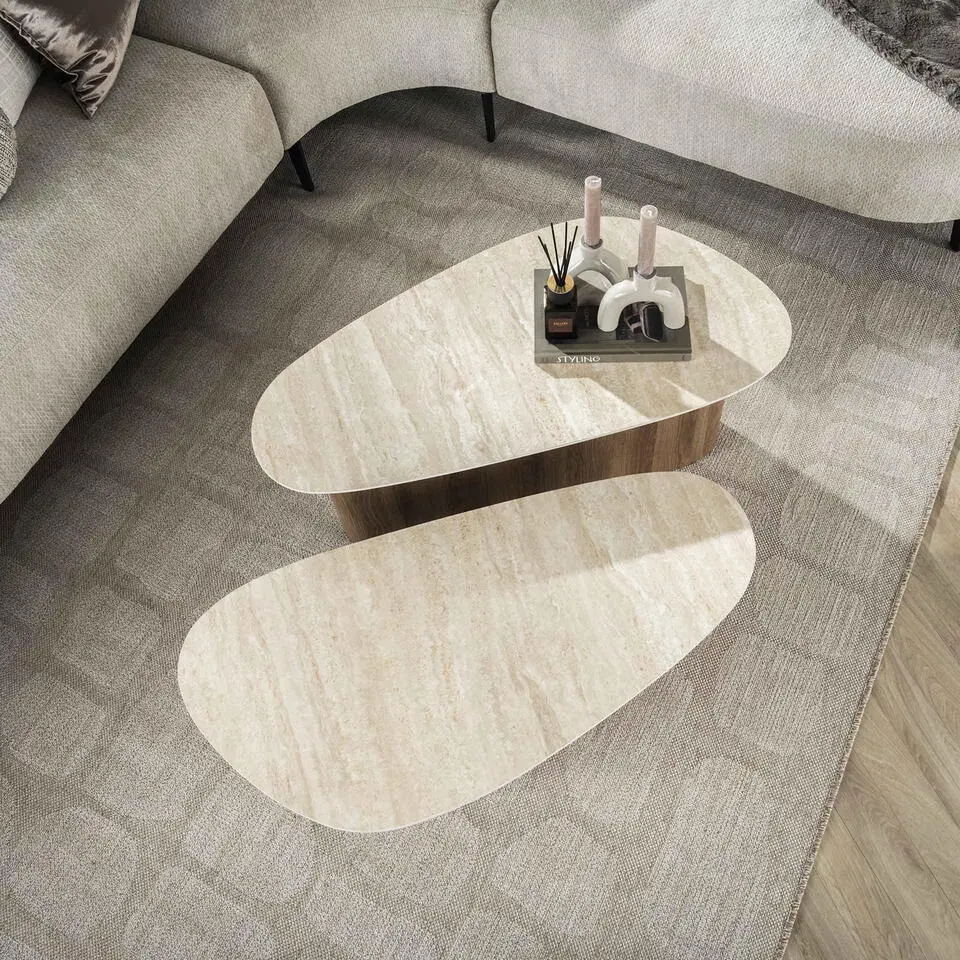 Salontafel Driehoek Walnoot/Travertin - 90x43x40cm - Set Van 2