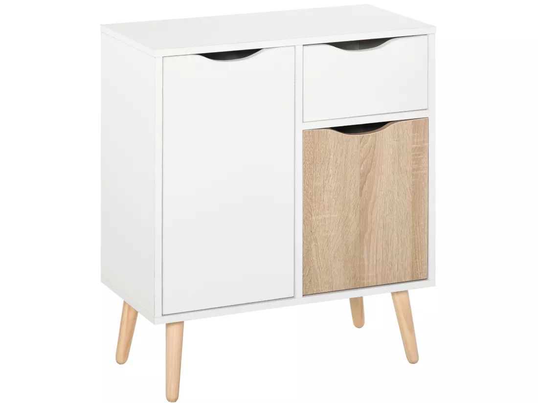 HOMCOM Meuble de rangement design scandinave 2 placards tiroir coulissant pieds bois massif pin panneaux particules blanc chêne clair