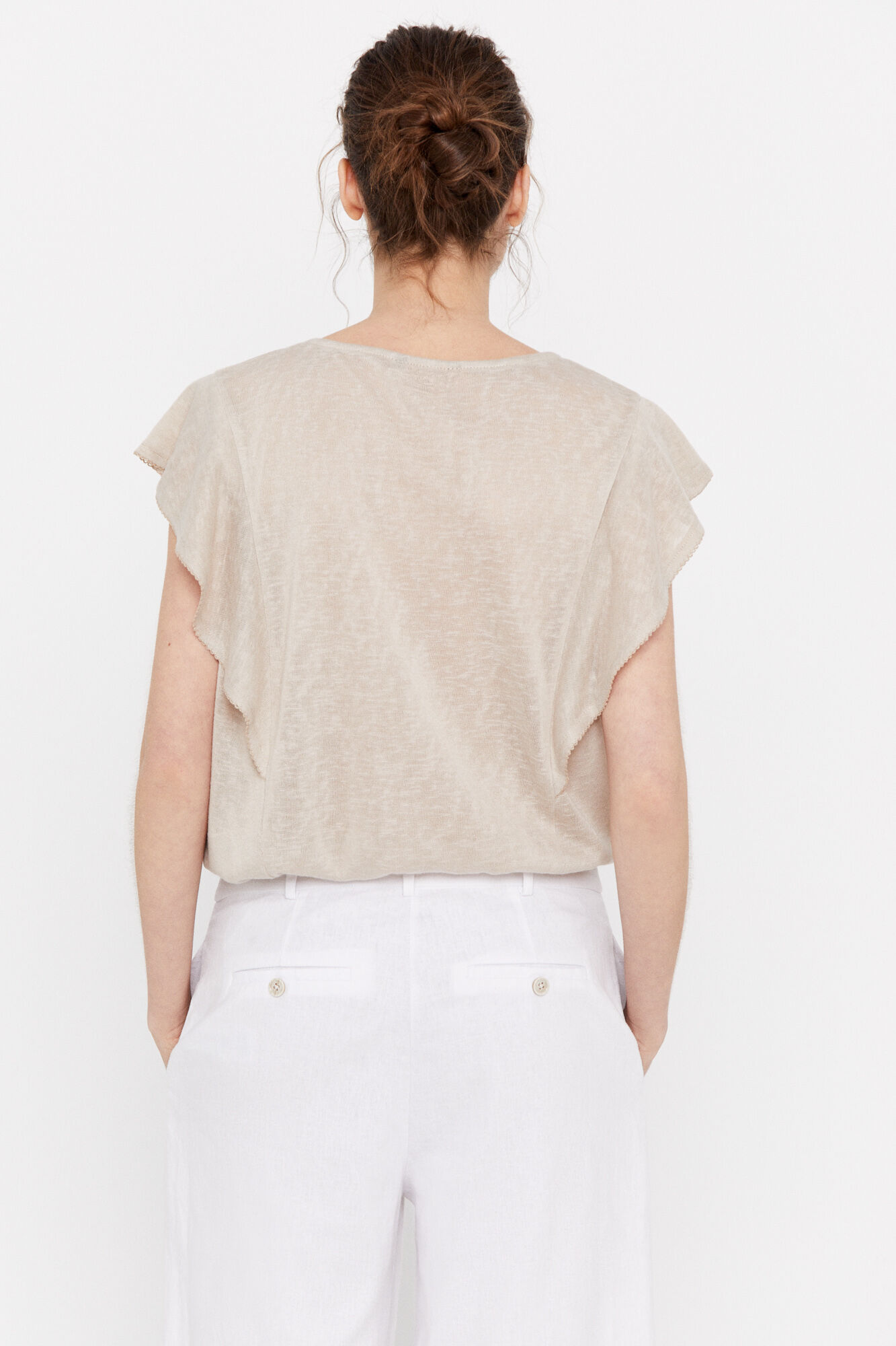 Camiseta com babados e efeito linho - Bege