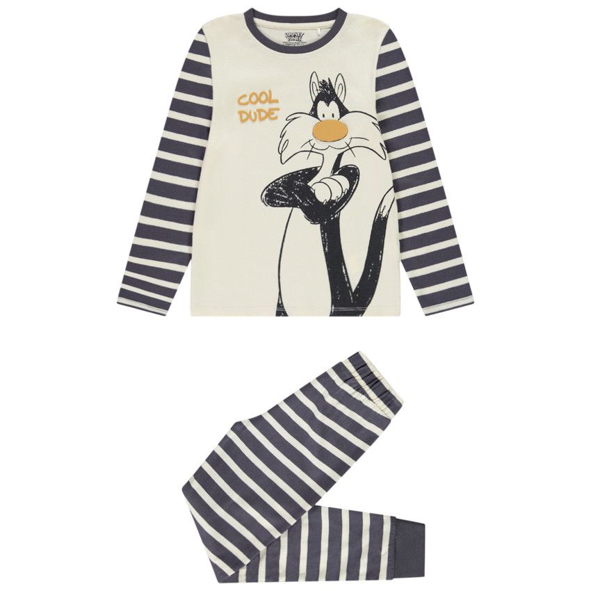 Pyjama 2 pièces à rayures Grosminet Looney Tunes pour garçon - Ecru