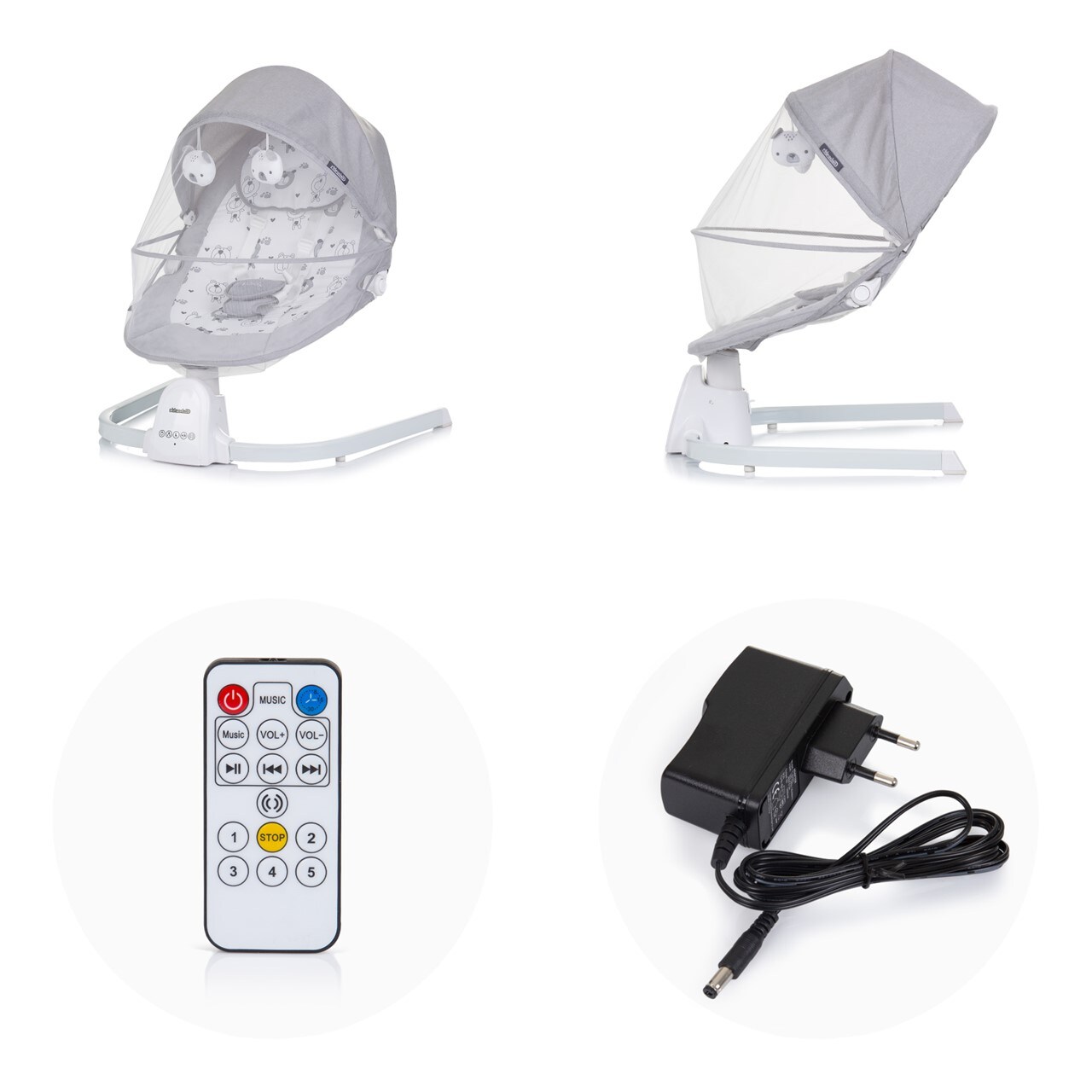 Chipolino Babywippe Oasis Fernbedienung, Timer, Moskitonetz, Gurt, Plüschtiere grau