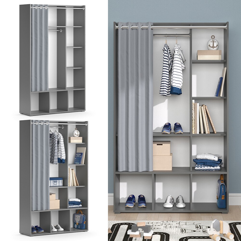 Vicco Kinderkleiderschrank Kinderzimmerschrank Kindergarderobe Luigi Grau 106 x 178 cm modern Schrankregal Jugendzimmerschrank Organizer Vorhang Kleiderstange Fächer Aufbewahrung Spielzeugablage