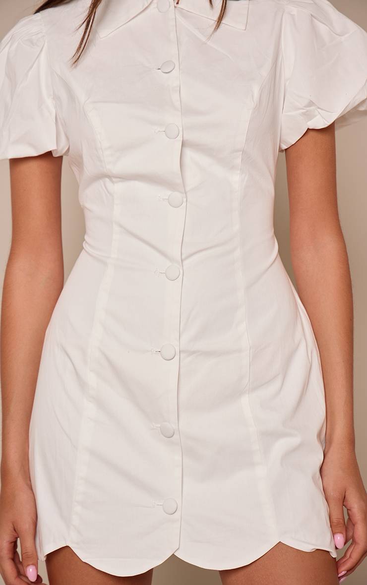 Blanc Robe Mini À Manches Bouffantes Et Boutonnage Devant