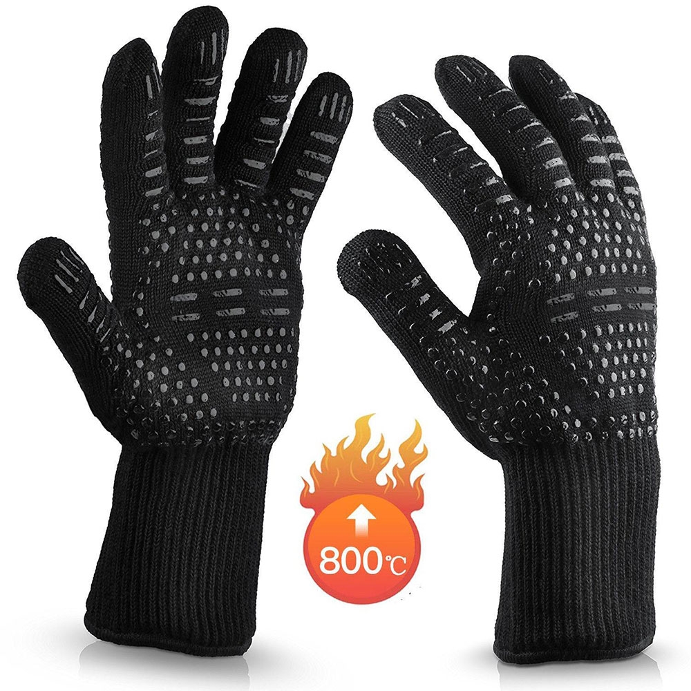 (1 Paar) Hitzebeständige BBQ Grillhandschuhe bis 800°C Ofenhandschuhe aus Aramidfasern (One-Size) - Schwarz