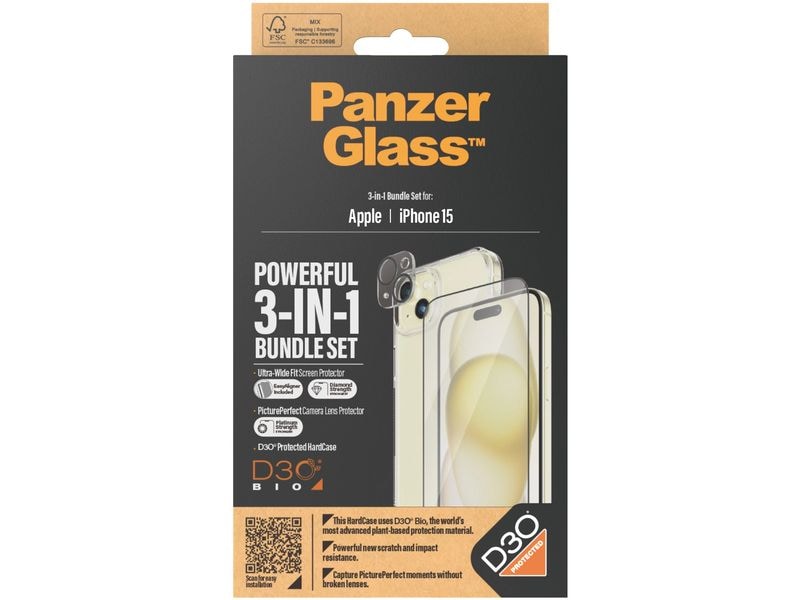 Panzerglass 3-in-1 Bundle iPhone 15 3-in-1 Set mit Bildschirmfolie, Schutzhülle und Kamera-Schutz für das Apple iPhone 15