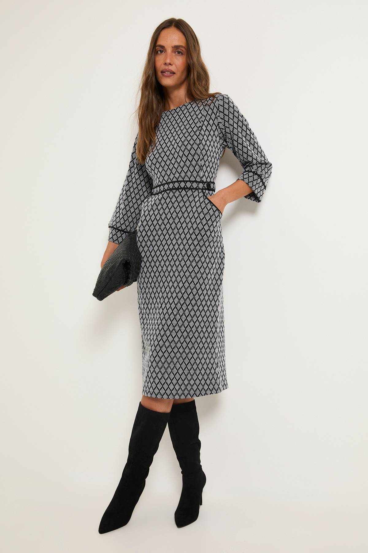 Wallis Robe Midi En Ponte Géométrique Avec Ceinture Et Détails Passepoilés