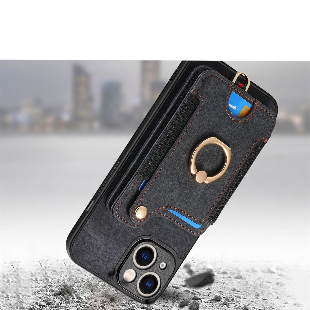 iPhone 14 Necklace Leder Hülle mit Kartenfächer   Finger Griff Halterung   Handykette (RFID Schutz) - Schwarz