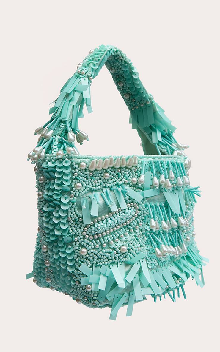 Bleu Aqua Sac Orné De Perles Et Sequins