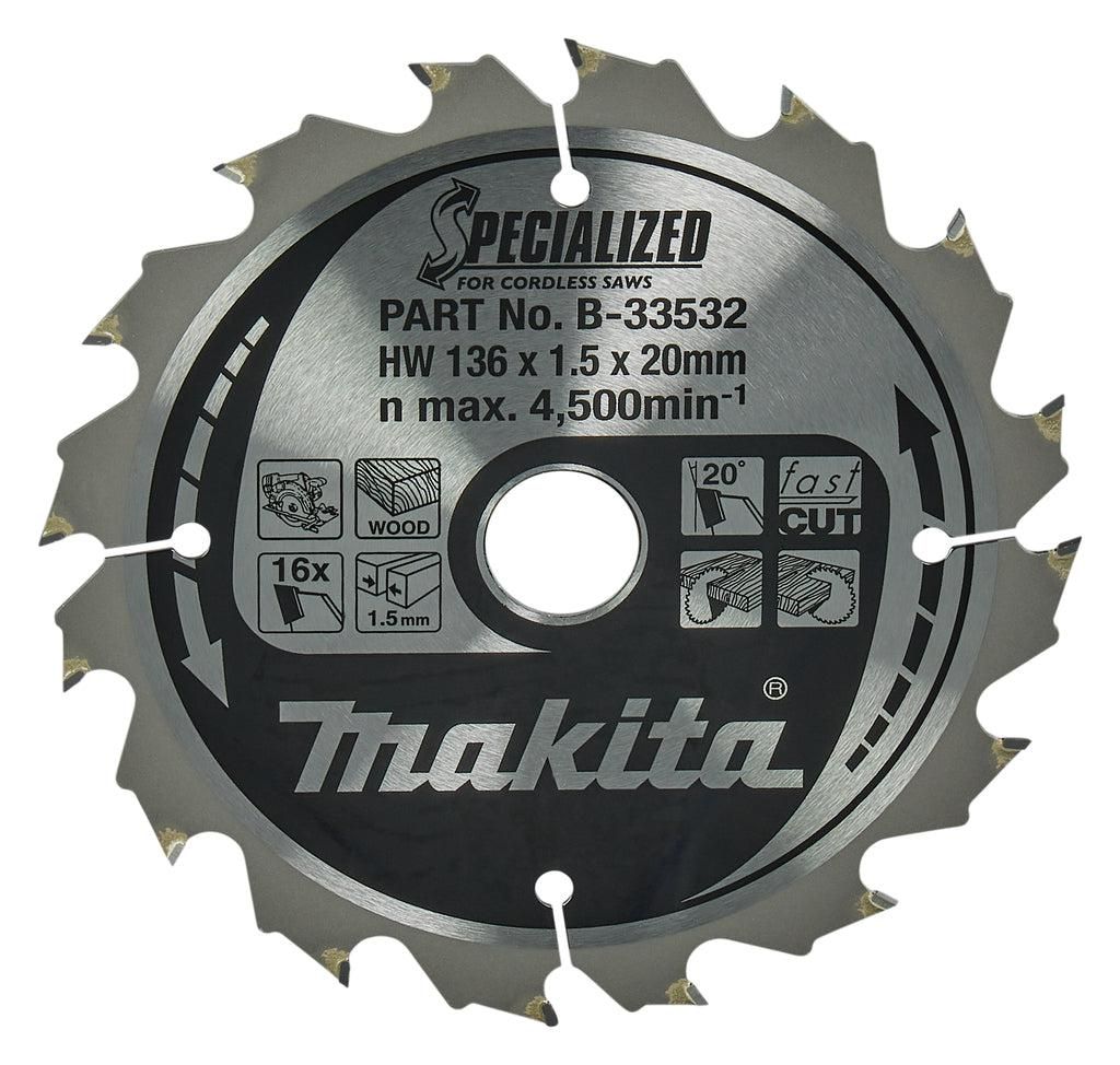 Makita Cirkelzaagblad voor Hout | Specialized | Ø 136mm Asgat 20mm 16T - B-33532