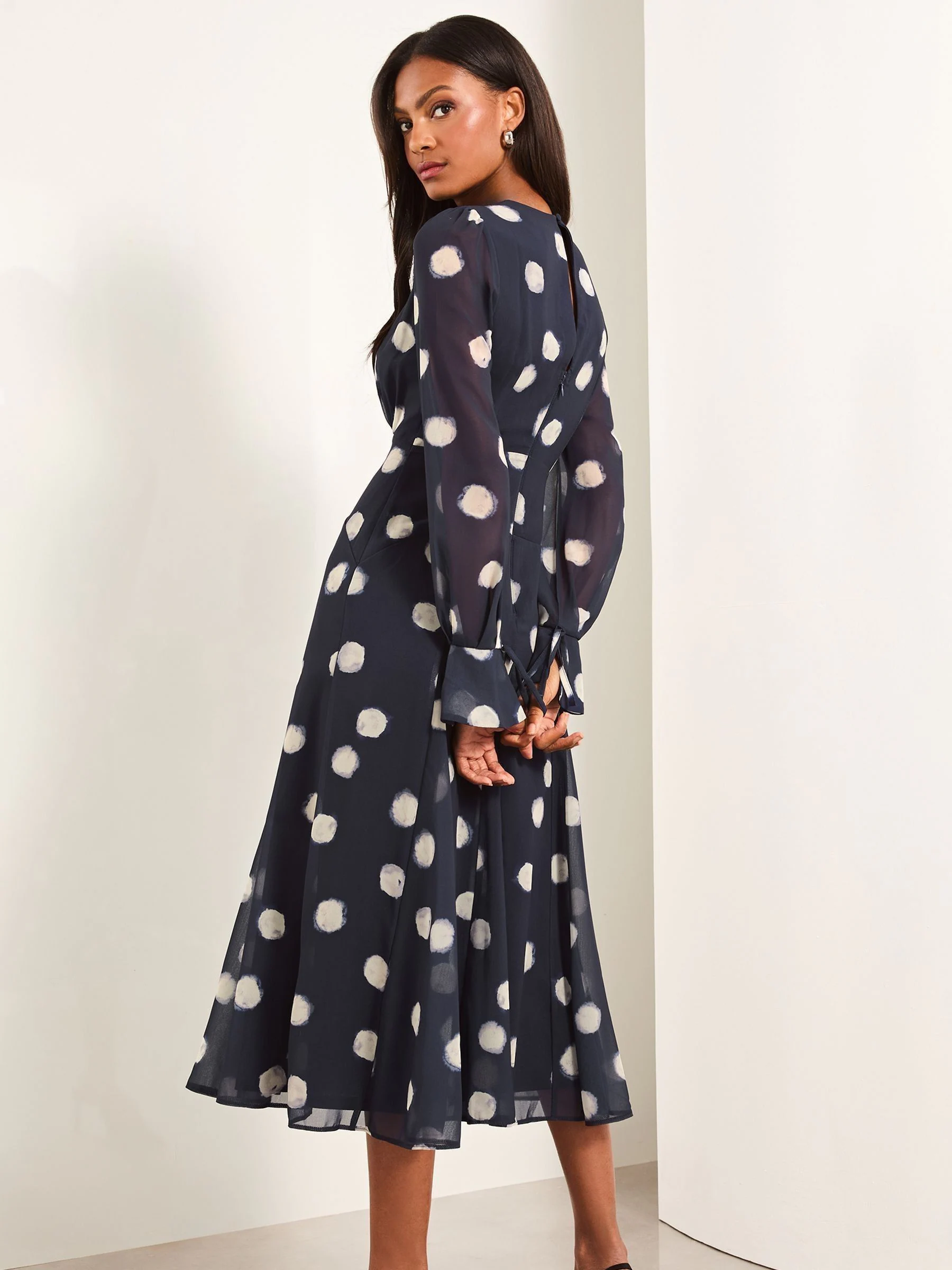 Marineblauwe stip - Lipsy Long Sleeve Underbust Fit And Flare Midi Dress