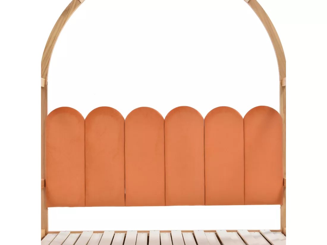 Lit gigogne 140x100/200cm en bois massif - avec tête en velours et sommier à lattes - Orange