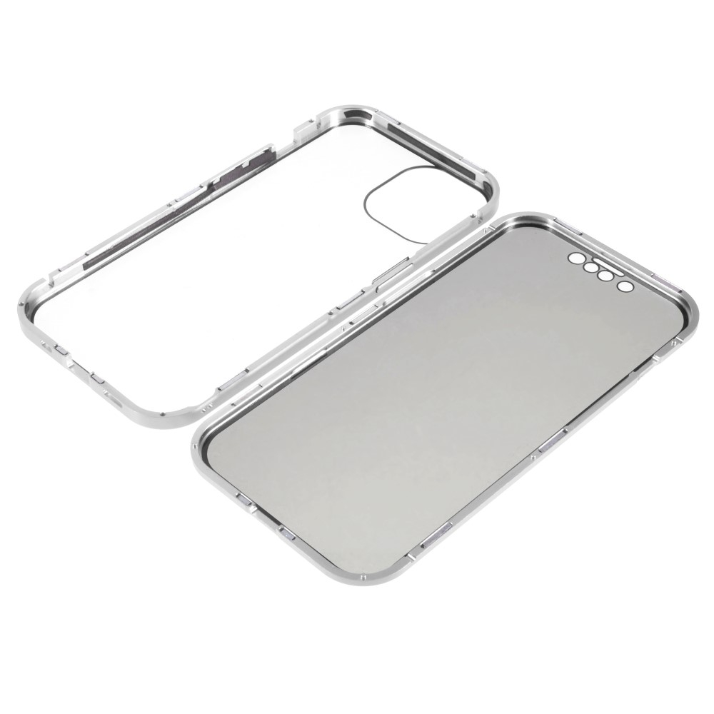 iPhone 14 Magnetische Alu Schutzhülle mit Panzer Glas Backcover   Privacy Glas Displayschutz (Magnet-Technologie) - Silber