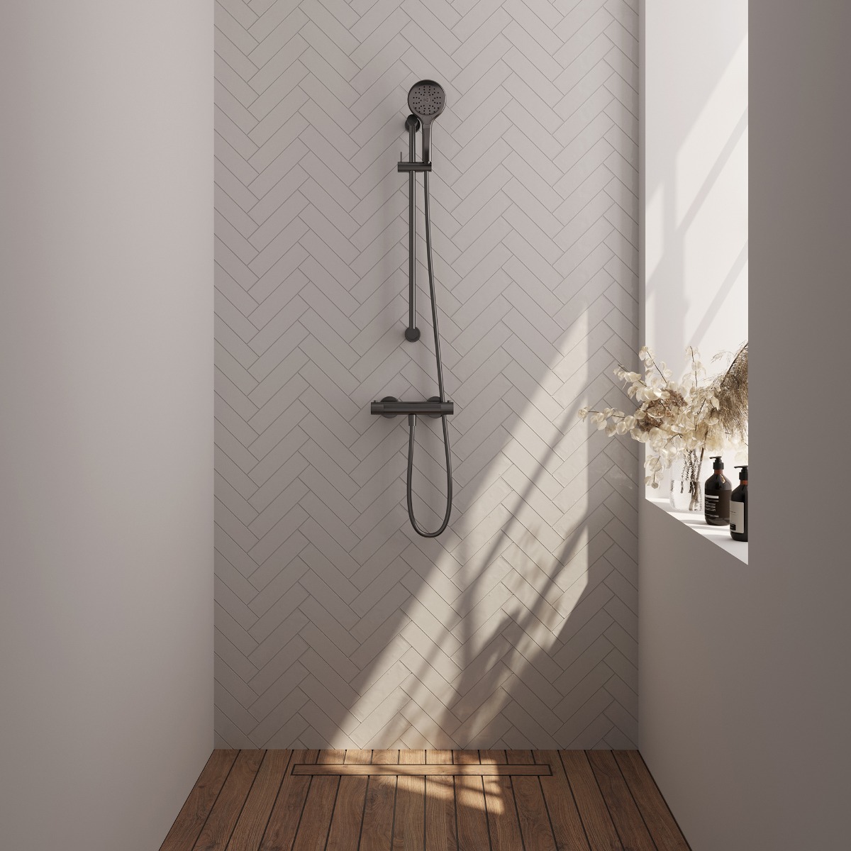 Brauer Gunmetal Carving thermostatische douchekraan met glijstang en 3 standen handdouche gunmetal geborsteld PVD