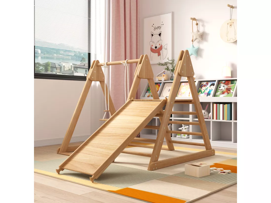 Toboggan et balançoire Enfants - 123 x 48 x 18cm - en matériel bois - 3 en 1 avec escalade - Naturel