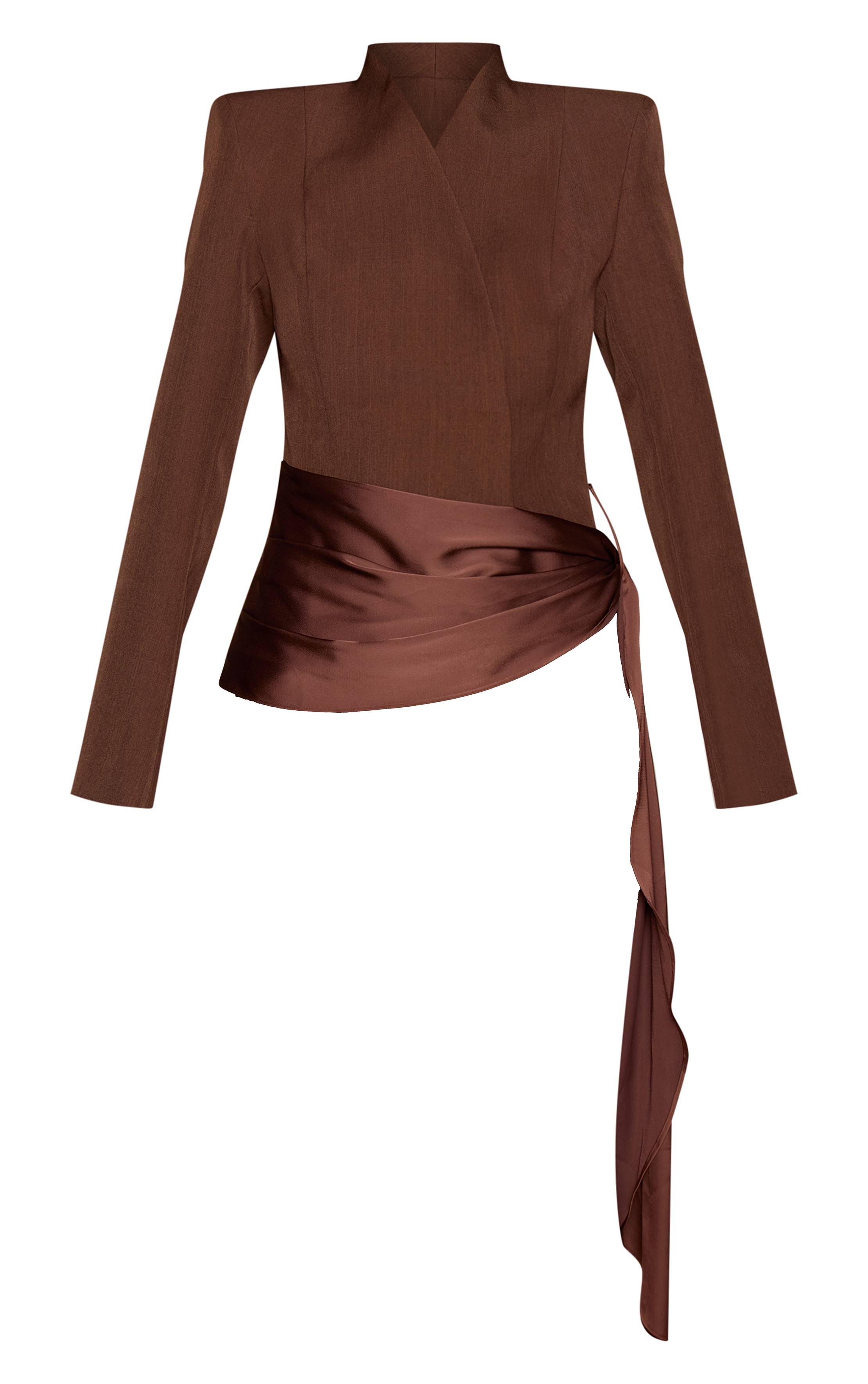 Marron Ensemble Blazer Drapé En Satin Sans Col Tissé