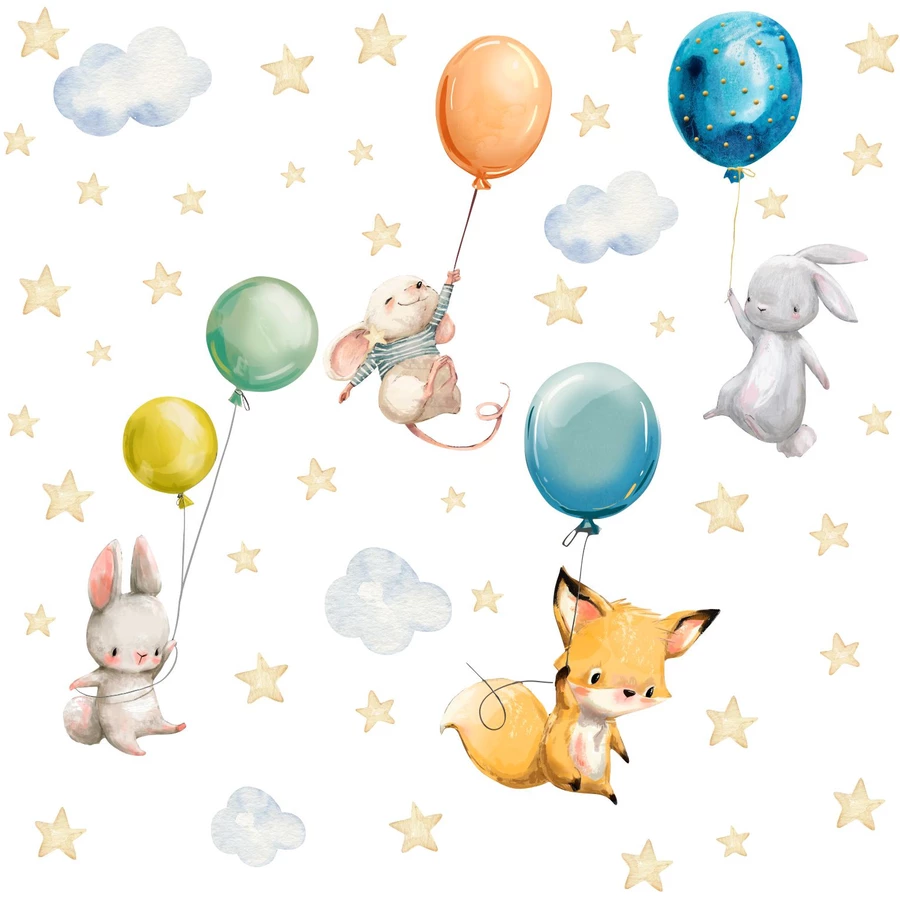 Nikima Wandtattoo 184 Tiere mit Luftballan - Aquarell Fuchs, Hase, Maus in 6 vers. Größen bunt