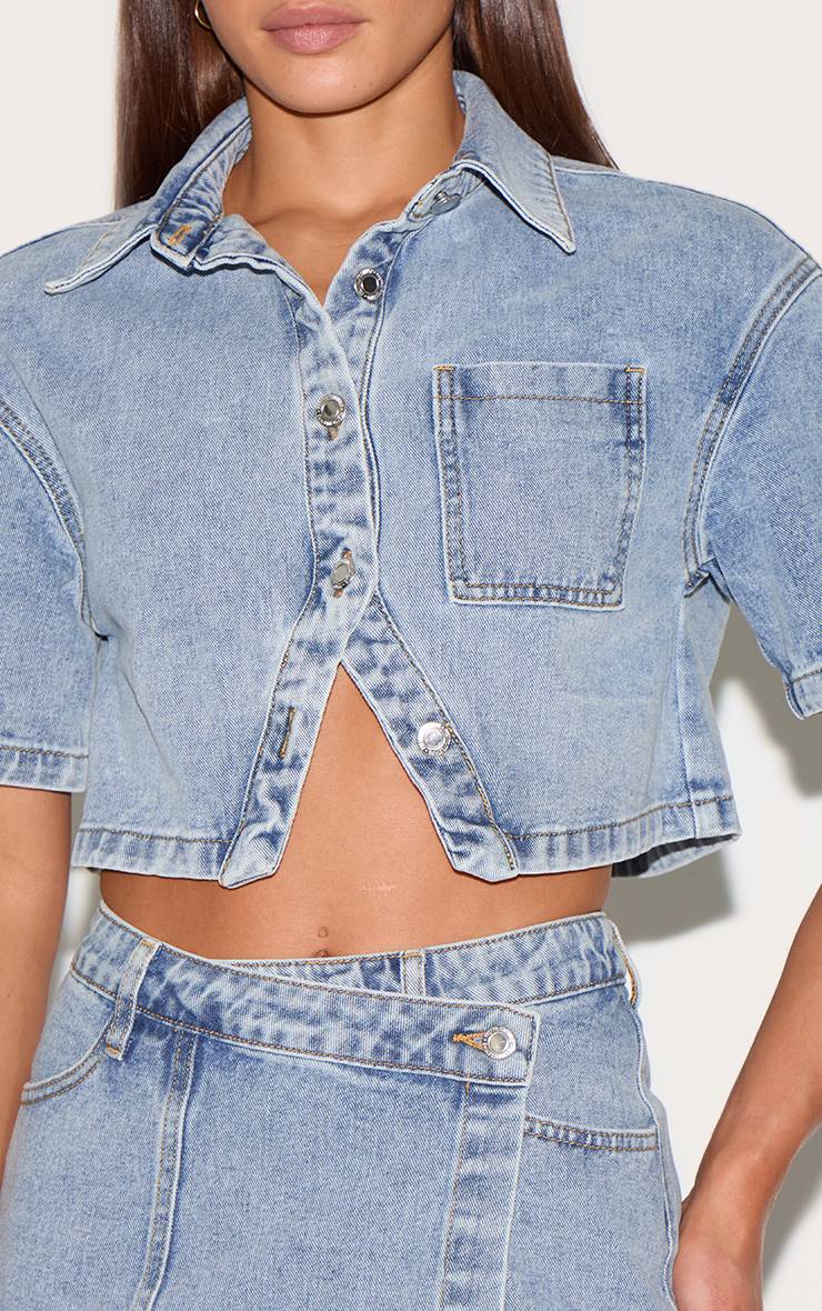 Délavage Vintage Chemise En Jean Courte À Manches Courtes Boutonnée Pour Grande Taille