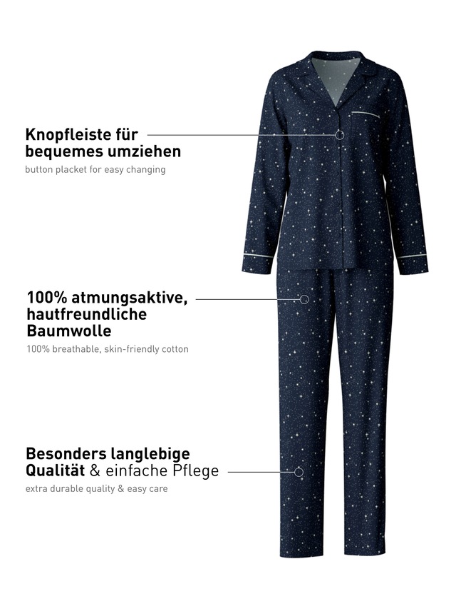 CALIDA Pyjama »Sweet Dreams«, 2 Stk. Reverskragen, Knopfleiste, Pure Cotton, Interlock-Qualität, weich
