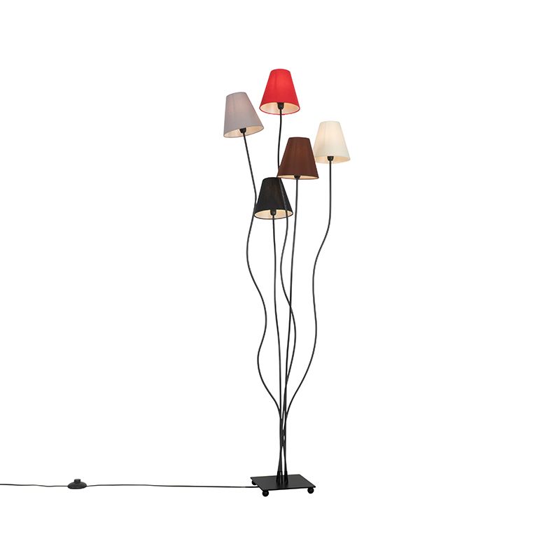 Design vloerlamp zwart met stoffen kappen 5-lichts - Melis