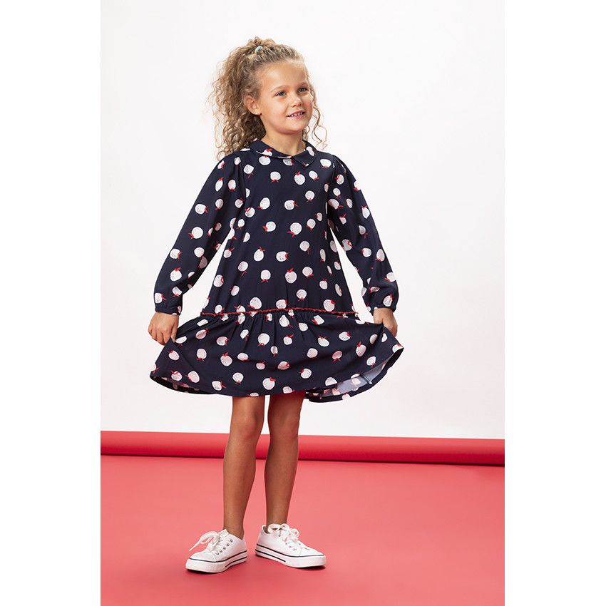 Robe courte manches longues imprimé pommes pour fille - Bleu marine