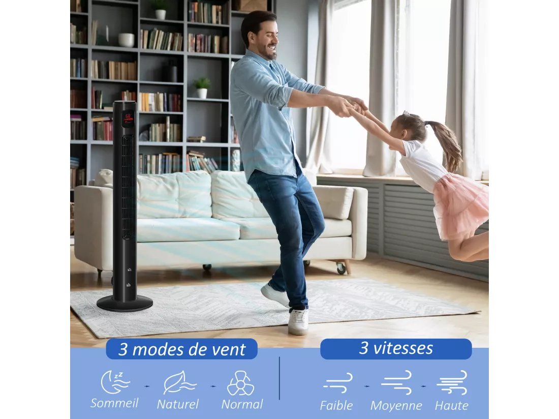 Ventilateur colonne tour oscillant 45 W silencieux télécommande timer 3 modes 3 vitesses noir