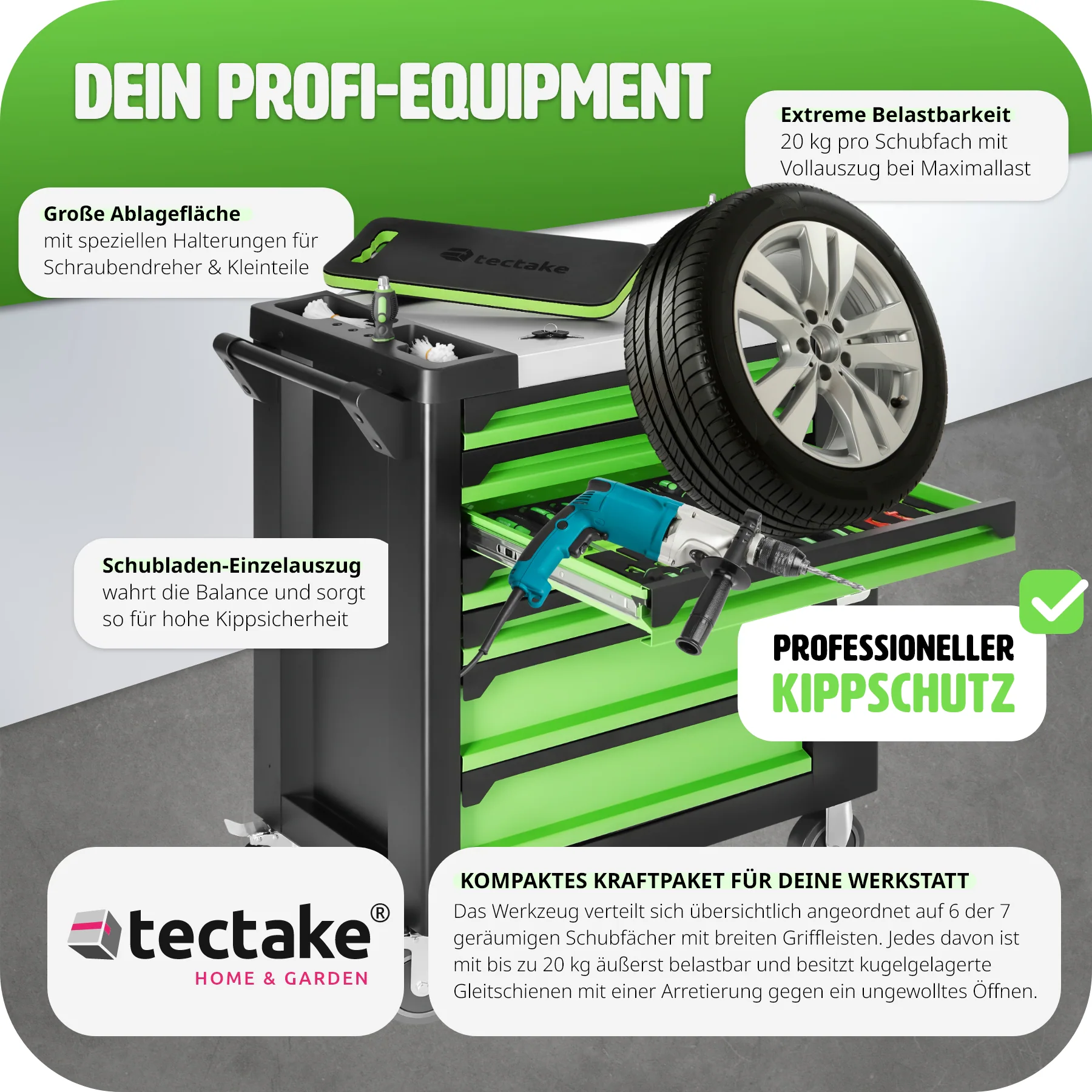 tectake® Werkzeugwagen, bestückt, 1599-teilig, 7 kugelgelagerte Schubladen, zentrale Sicherheitsverriegelung, Rollen Ø 124 mm, Inklusive Kniebrett