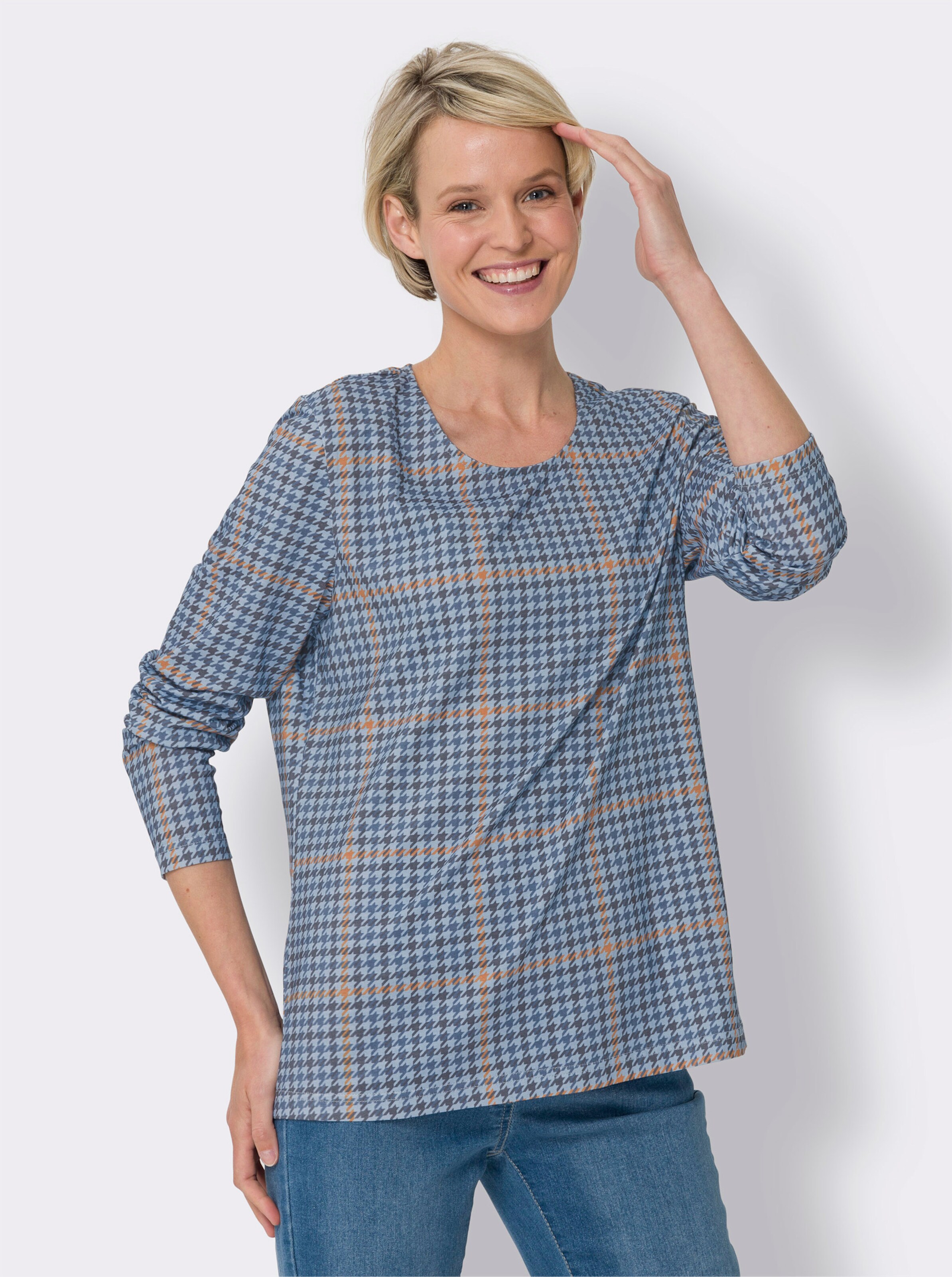 Langarmshirt mit Hahnentritt-Muster