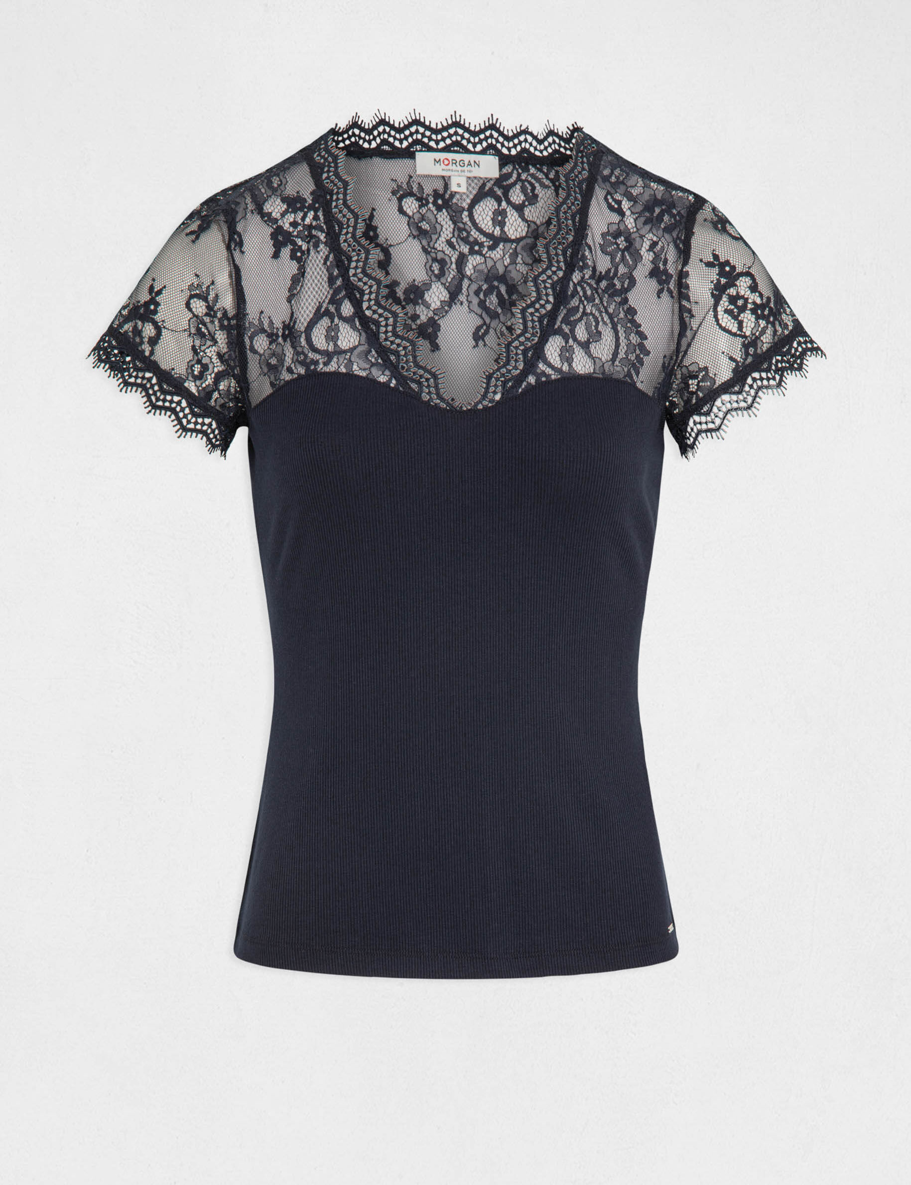T-shirt manches courtes à dentelle marine femme - marine