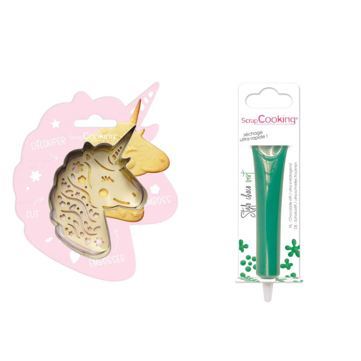 Kit pour biscuit en relief Licorne + Stylo au chocolat vert Scrapcooki