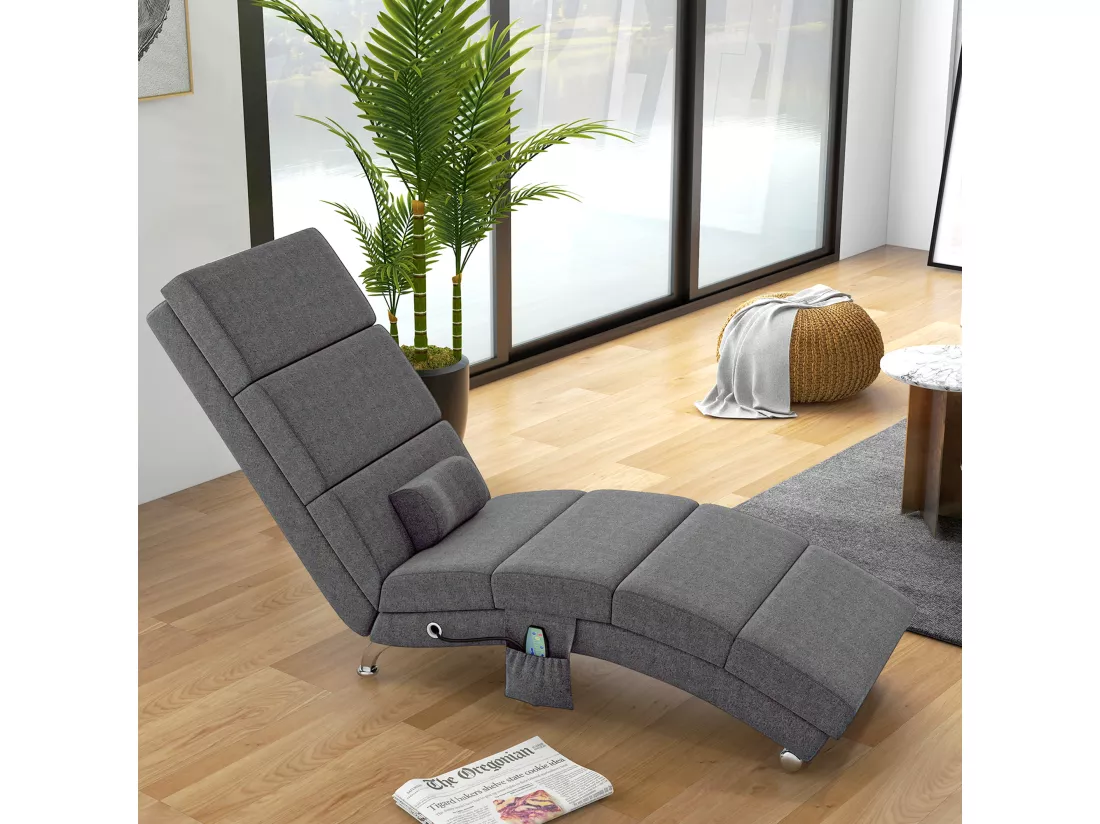 Fauteuil relax massant chauffant design contemporain - chaise longue d'intérieur - piètement métal chromé tissu gris