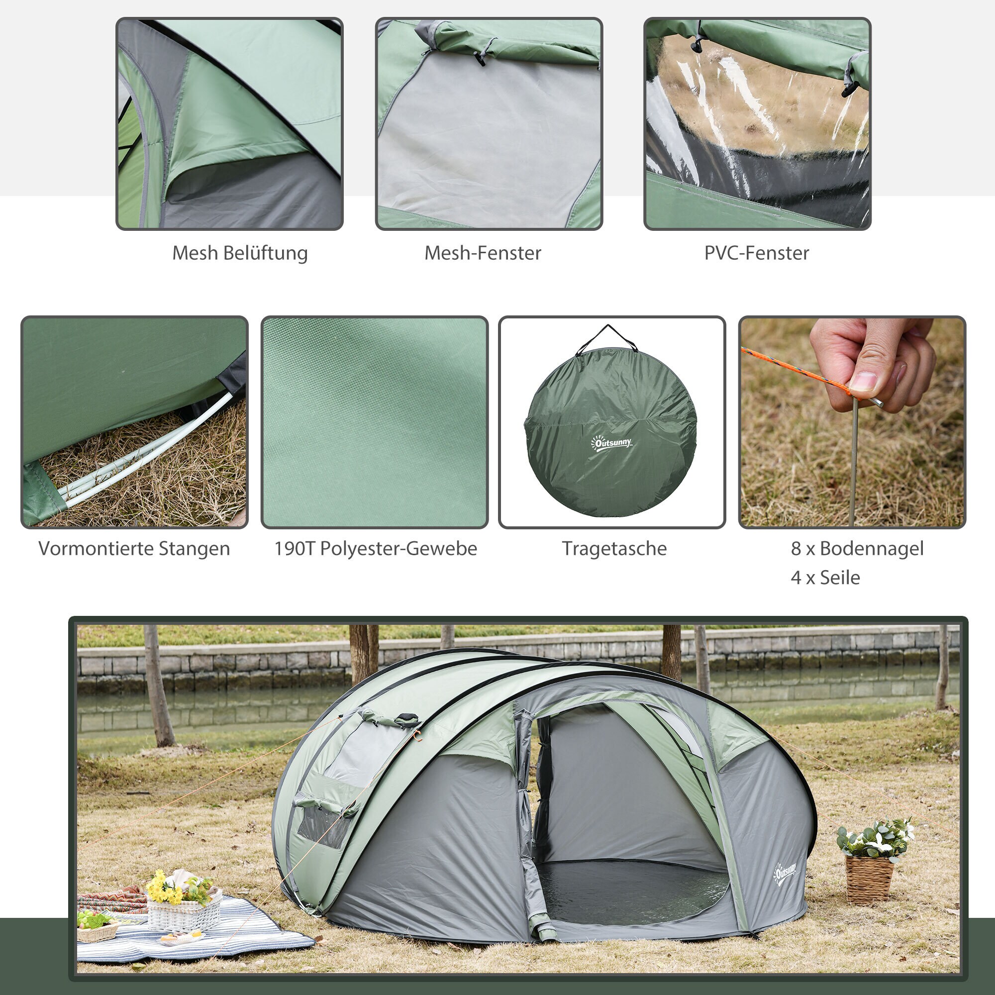 Outsunny Campingzelt für 4-5 Personen dunkelgrün, grau 263,5 x 220 x 123 cm (LxBxH)